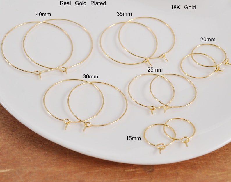 50Pcs 18k Gold Plated Earring Hoops, 15/20/25/30/35/40/45/50mm Circle earrings, Round Earring Hoop ,Earring Wires, Jewelry Making image 1