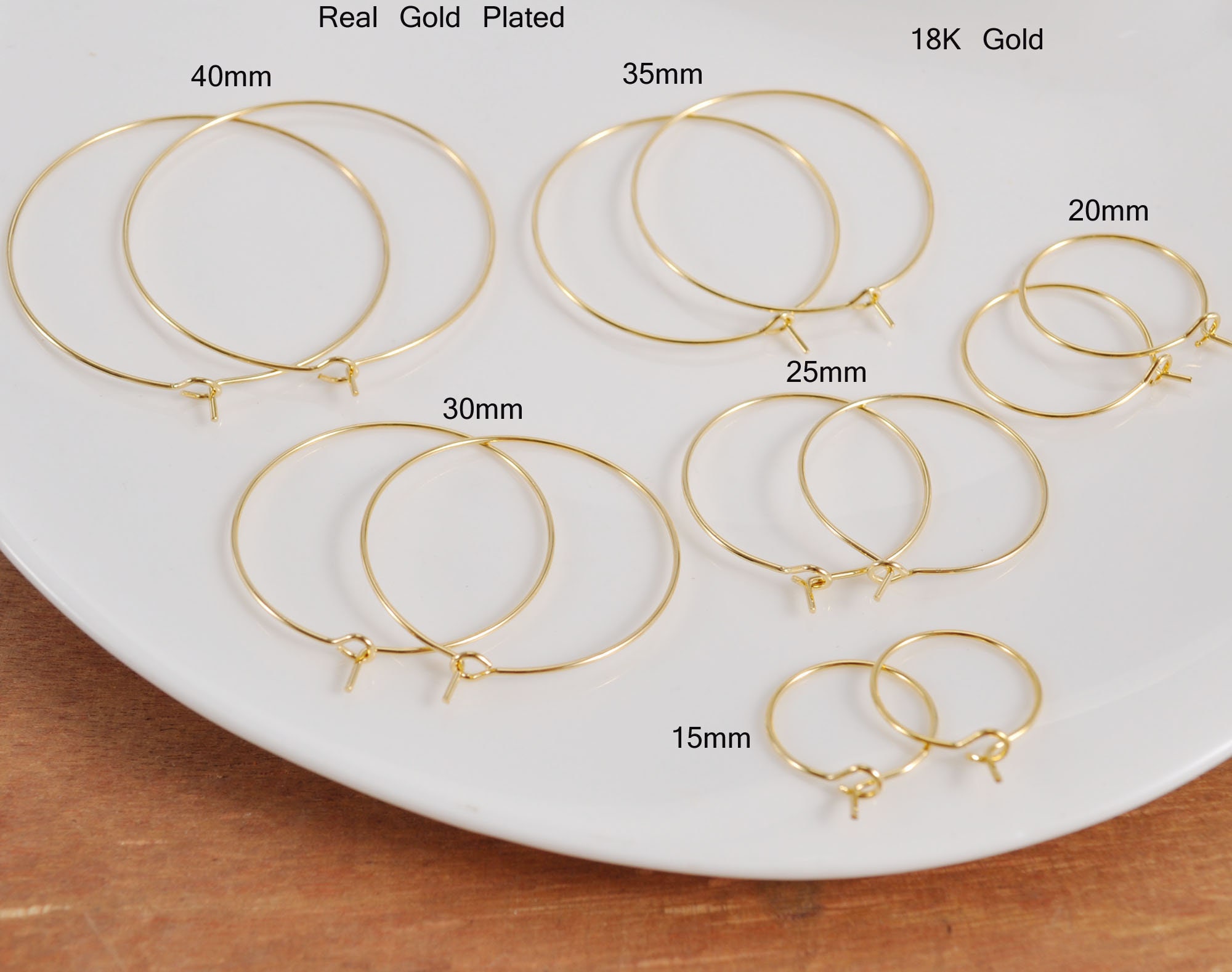 50pcs 18k Gold Plated Earring Hoops, 15/20/25/30/35/40/45/50mm Circle  Earrings, Round Earring Hoop ,earring Wires, Jewelry Making 
