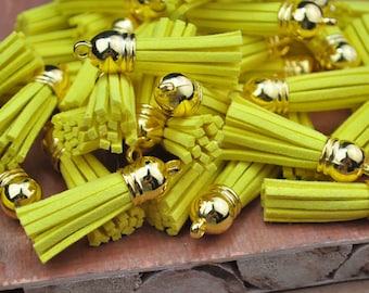 20pcs Lemon Tassel Pendant with Gold Top, Fringe Tassel,Faux Leather,Tassel charm pendant --38x10mm.