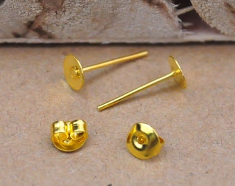 200PC(100 Pairs)Gold metal Earring Posts Earring Studs Cabochon Ear Studs With Back Stoppers, Earring Stud Post 6mm Pad Gold 12mm Long.