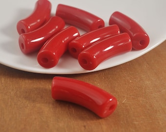 Perles tubulaires en acrylique de couleur rouge, perles en bambou, 6 pièces/30 perles tubes incurvées, perles pour la fabrication de bracelets joncs, 35 x 12 mm