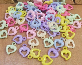 Plastic Heart Charms,100Pcs Mixed Color Acrylic Beads,Candy Pastel acrylic Heart beads,Spring Jewelry Supplies -- 15x20mm