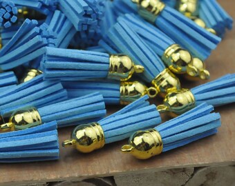 20pcs Island Blue Tassel Pendant with Gold Top, Fringe Tassel,Faux Leather,Tassel charm pendant --38x10mm.