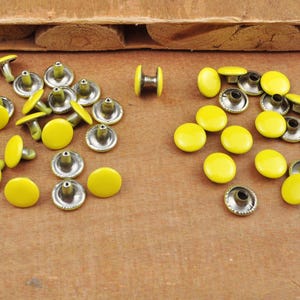 May include: A collection of yellow metal rivets with a silver finish. The rivets are arranged in two groups, one group is larger than the other.