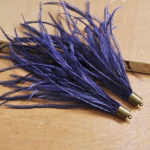 2pcs Navy Blue Ostrich Feather Tassel Boho Necklace Pendant,Bronze Metal Cap Feather Earrings Pendants,Tassel Pendant for jewelry making