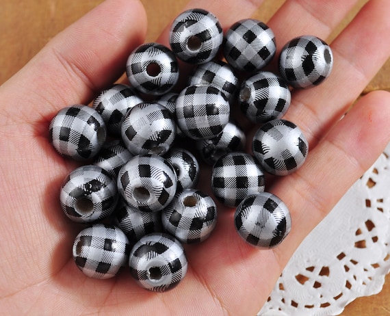 20pcs 16mm Natural Wooden Beads,silver&black Buffalo Plaid Wooden