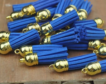 20pcs Blue Tassel Pendant with Gold Top, Fringe Tassel,Faux Leather,Tassel charm pendant --38x10mm.