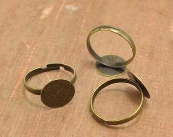 Ring Blanks Wholesale -20pcs Bronze Plated Adjustable Ring Base Flat Pad 12mm,Iron Round Cameo Cabochon Base Setting Adjustable Rings.