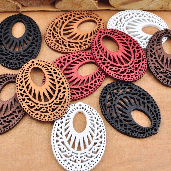 10-100Pcs Oval Filigree Wooden Earring Charms,Brown/Wine Red/Coffee/White/Black Painted Wood Earring Pendant,Wholesale Wood Jewelrys,39x29mm