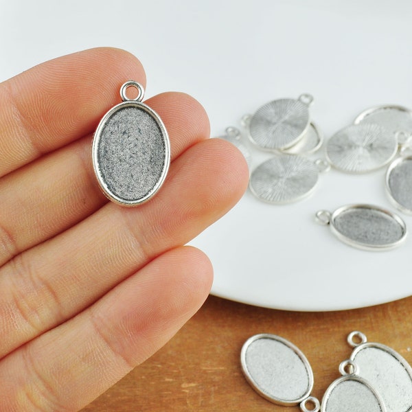 10-50Pcs Antique Silver Alloy Oval Pendant Tray, Pendant Tray Blanks，Bezel Cabochon Settings，13mmx18mm