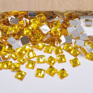 Gold Yellow Acrylic Cube Box Square Loose Rhinestones Supply,10mm Square Flatback Cabochon Rhinestone Multi-Faceted Rhinestones -- FZ10GY