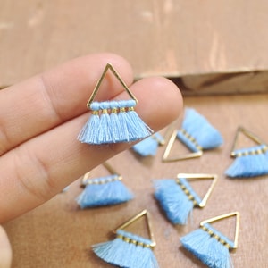 1 Pair Small triangle Tassels，Sky blue Tassel earring pendant, Cotton tassels in gold color triangle brass charm -- 20mm--FF3-50#