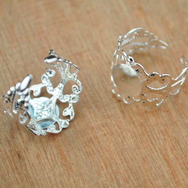 Silver Ring,50pcs Adjustable Silver metal Ring Blanks,silver plated Filigree flower Rings with 10mm round pad ring.