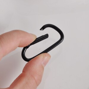 May include: A black metal carabiner clip with a spring-loaded gate.