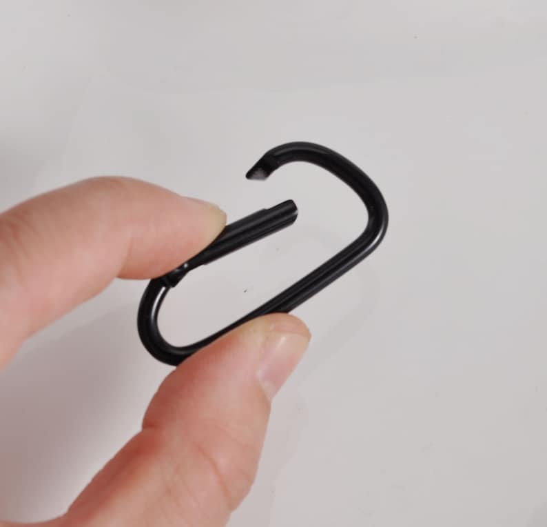 May include: A black metal carabiner clip with a spring-loaded gate.