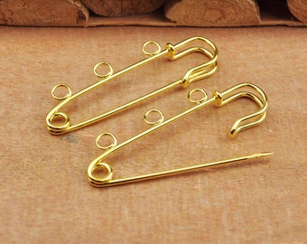 10 pièces/20 pièces épingle de sûreté en métal doré, broches de sécurité plaquées or-3 boucles, connecteur de grandes broches pour la fabrication de bijoux à bricoler soi-même 50x17mm