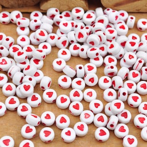 100 stuks rode hartkralen, acrylhartkralen, kralen met hartjes, ronde plastic hartbedel, witte ronde kralen, tussenkralen, 7 mm