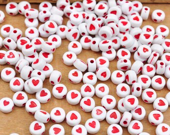 100Pcs Red Heart beads,Acrylic Heart beads, beads with hearts,Round Plastic heart charm, White Round Beads, spacer beads,7mm