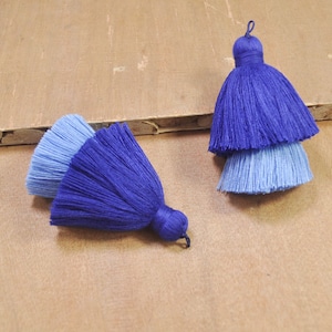 2 borlas escalonadas, borla grande de dos capas, borla de algodón azul real, borla gruesa de algodón hecha a mano para la confección de pendientes/collares -- FF14#
