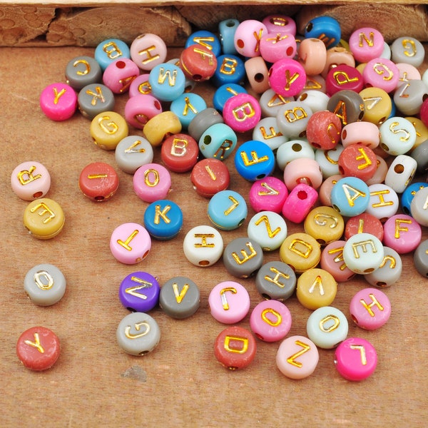 200Pcs 7MM Flat Round Acrylic Alphabet Beads,Gold Alphabet Beads, Colorful Letter,Spacer Beads, DIY, Kid Crafts, Jewelry Beads