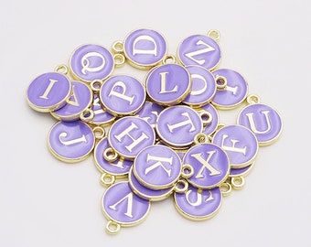 10 Pick your letter,Purple color-26 Alphabet Letters round tag charm Enamel Initial Charms,gold tone,Letter Charms,Alphabet Charms,two sided