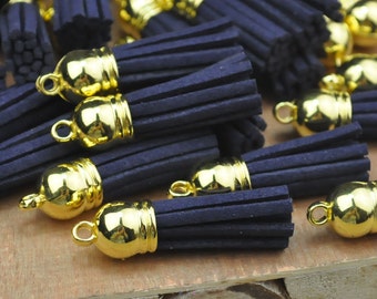 20pcs navy blue Tassel Pendant with Gold Top, Fringe Tassel,Faux Leather,Tassel charm pendant --38x10mm.