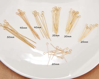 100 alfileres de ojo chapados en oro de 18 quilates, alfileres de ojo de latón, alfileres de cabeza de ojo dorados, alfileres de cabeza para hacer joyas, suministros de bricolaje, 50 mm/45 mm/40 mm/35 mm/30 mm/25 mm/20 mm