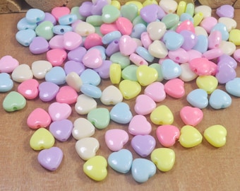 Plastic Heart Charms,100Pcs Mixed Color Acrylic Beads,Candy Pastel acrylic Heart beads,Spring Jewelry Supplies -- 10x11mm
