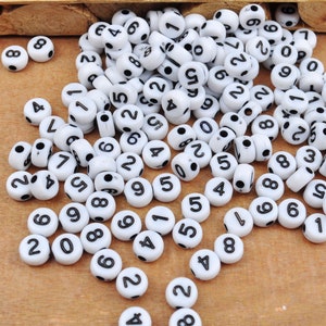 100～500個 ナンバービーズ、7mm ホワイト ラウンド アクリル ナンバービーズ、小さなラウンド ブラック ナンバービーズ、スペーサービーズ、キッズクラフト、ジュエリービーズ