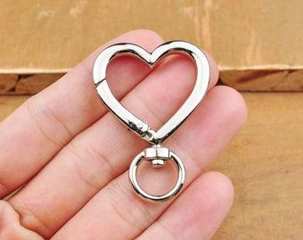 1-10Pcs Large Heart Shape Lobster Clasp Key Ring For Keychain,Connector,Silver Heart Spring Push Gate,Strap for Purse Clip Add On,48x35mm