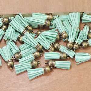 Tassel,20PCS Aqua Tassel Fiber Tassel Fringe Tassel with Antique Bronze Plated Caps Charms pendant,Suede,Leather Tassel,38mmx10mm.