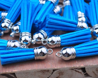 Fringe Tassel Pendant--20pcs of Island Blue Colors Imitation Leather Tassel with Silver Caps Bag Charms Pendant 38x10mm--F2EL26