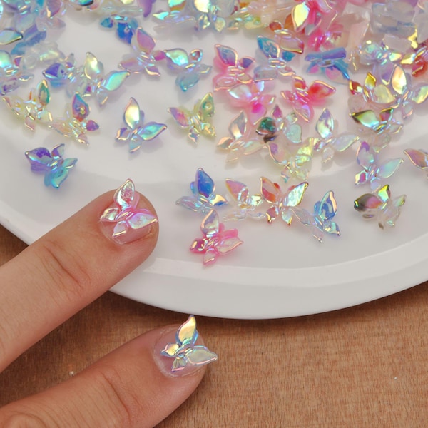 50 mini cabujones de resina AB de color mariposa con parte trasera plana para uñas, arte de uñas de 10 mm, decoraciones de resina mariposa, mariposa para accesorios de arte de uñas de bricolaje.