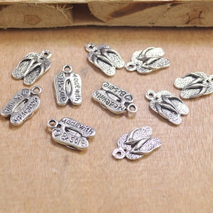 50pcs Antique Silver Sandals Charms,Silver Flip Flop Charms, 2 Sided -- 9x16mm