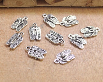 50pcs Antique Silver Sandals Charms,Silver Flip Flop Charms, 2 Sided -- 9x16mm