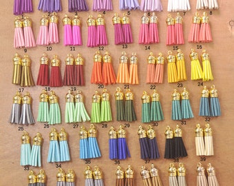 50 Faux Suede Leather Tassels,Assorted Color Tassels With Gold Cap,1.5" Mini tassels,for Keychains,Bracelet Tassel,You Choose the Color
