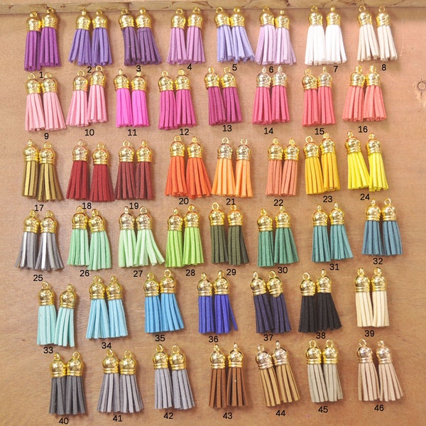 30 Faux Suede Leather Tassels,Assorted Color Tassels With Gold Cap,1.5" Mini tassels,for Keychains,Bracelet Tassel,You Choose the Color