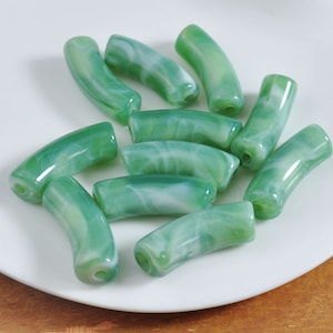 Emerald green&White Marbled Acrylic Tube Beads,Bamboo beads，6Pcs/30Pcs Curved Tube Beads ,beads for Bangle Bracelet Making,35x12mm