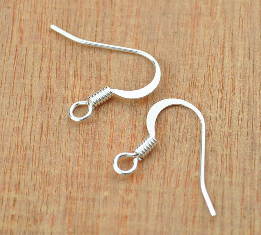 Silver plated Earwire,Silver Ear Hooks-- 100 pcs (50 pairs) Flat French Fishhook with Coil Ear Wires,Silver Ear hooks,Earwire Wholesales