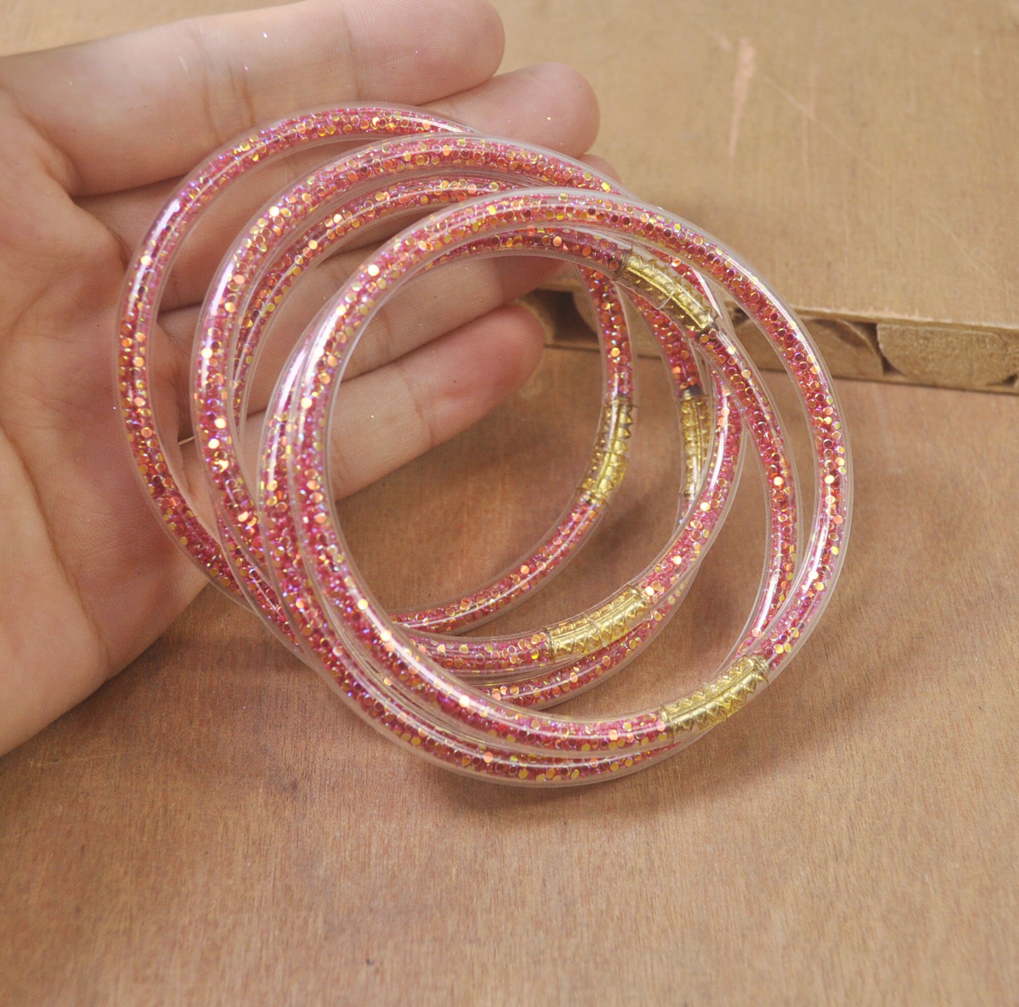 5Pcs Red Glitter Filled Jelly Bangle Bracelet Set Plastic Etsy