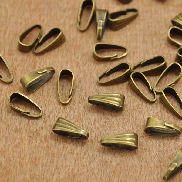 Pendant connectors,100 Pinch Bails in Anitique Bronze,Nickel Free Anitique Bronze Metal Finish Necklace Clasps,Pendant Clasps 8.5x3mm.