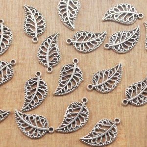30pcs Silver Leaf Charms, Hollow, Leaves Leaf Charms, Leaf Pendant ,antique silver tone 10x18mm