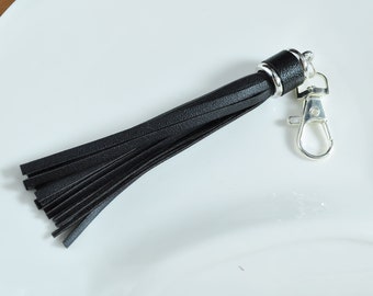 5.9" Large Tassels KeyChain,Black PU Leather Tassels keychain,Tassel Pendants,Silver Cap Handmade Leather Thread Tassel,Keychain tassel