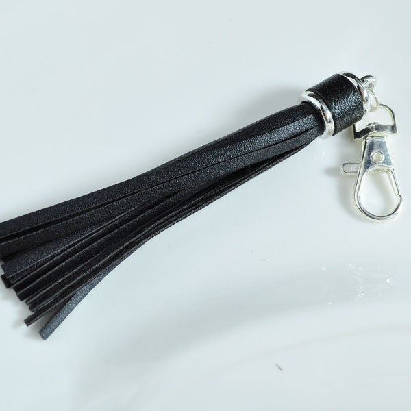 5.9" Large Tassels KeyChain,Black PU Leather Tassels keychain,Tassel Pendants,Silver Cap Handmade Leather Thread Tassel,Keychain tassel