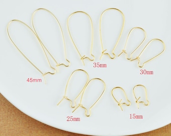 45mm/35mm/30mm/25mm/15mm 18k gold Plated Kidney ear wire, 10Pcs/20Pcs/50Pcs gold kidney ear wire, gold earring jewelry findings supply