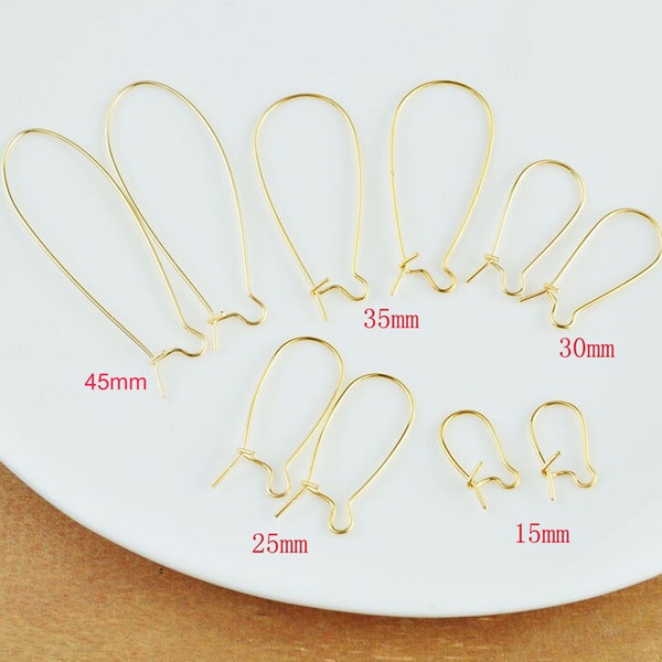 45mm/35mm/30mm/25mm/15mm 18k gold Plated Kidney ear wire, 10Pcs/20Pcs/50Pcs gold kidney ear wire, gold earring jewelry findings supply