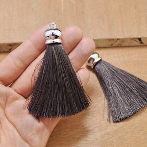 10Pcs 2.75&quot;(70mm) Gray silk tassels pendant with silver cap,High Quality Extra Thick tassels,tassel necklace,Tassel Keychains