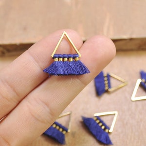 1 Pair Small triangle Tassels，Navy blue Tassel earring pendant, Cotton tassels in gold color triangle brass charm -- 20mm--FF3-7#