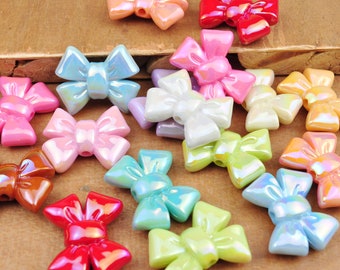 20Pcs AB Colored Bow Beads,Mixed Color Acrylic Bow Beads, Vertical Hole Bow Beads, Jewelry Beads 29x24mm