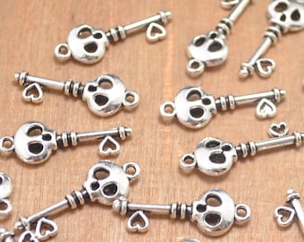 30pcs of Cute Key Charm,Antique Silver Double Sided key pendant,Ghost Key Pendant,Heart Key Charm,skull key pendant--9x26mm